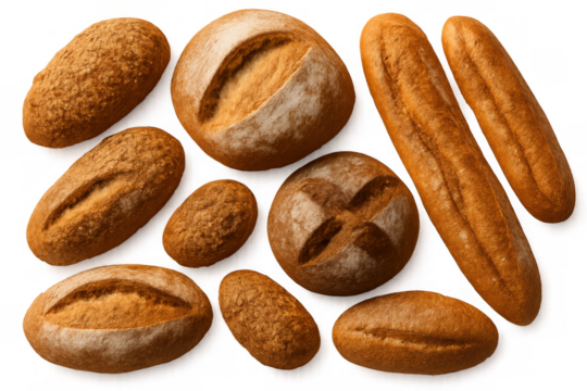 Freshly baked bread and rolls assortment, different types of pastry on transparent background