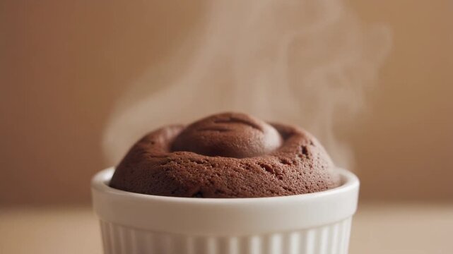 Steaming chocolate souffle dessert in white ramekin close up. A close-up shot of a freshly baked, steaming chocolate souffle dessert in a white ramekin. The warm dessert is perfect for any occasion.