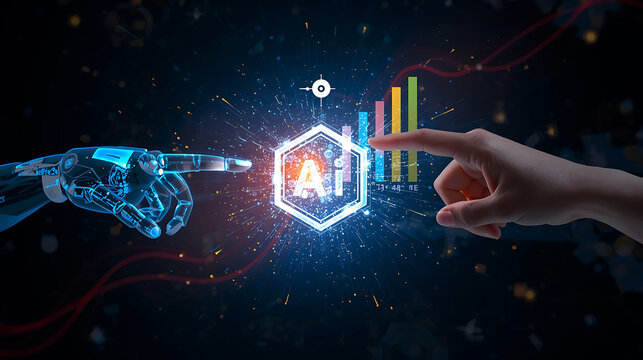 Artificial Intelligence hand reaching out to human finger with futuristic graph background for technology and data analysis - Powered by Adobe