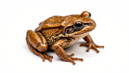 Fototapeta premium A close up photograph of a brown frog with darker spots, prominently displaying its eyes and mouth against a white background.