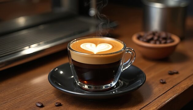 Double shot espresso in transparent glass cup with heart latte art on dark saucer. Beverage on wooden table with coffee beans and background. Caffeine drink concept.