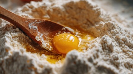 Egg yolk nested in flour with a wooden spoon, preparing to bake