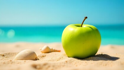 Fresh green apple beside seashells on the beach sand with sea and sky in the background. Bright and natural, perfect for summer, travel, and healthy lifestyle themes.