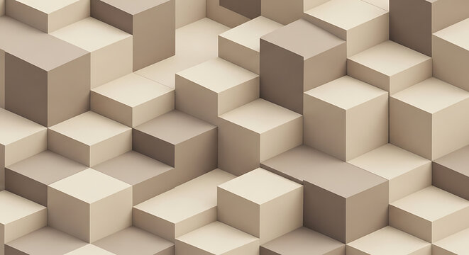 A geometric arrangement of staggered cubes in neutral beige and brown tones creates a modern architectural pattern