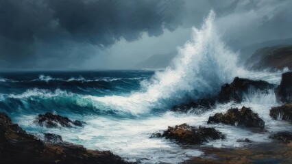 Fototapeta premium Majestic Stormy Seascape: Powerful Waves Crashing Against Dark Coastal Rocks with Visible Brushstrokes