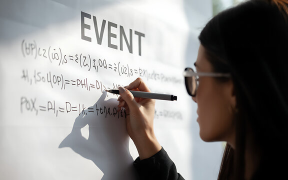 Young woman writing complex equations on a whiteboard for event.