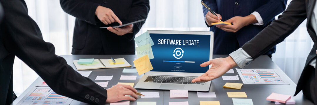 Analyst team use sticky note for creative and analytic brainstorm for business idea with BI data dashboard on laptop screen. Analysis financial data visualization tech for marketing strategy. Prodigy - Powered by Adobe