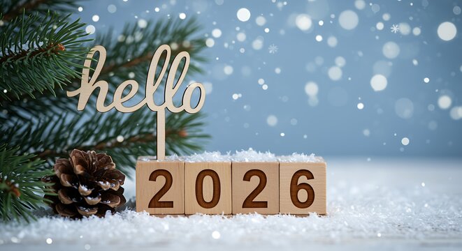 Wooden blocks displaying 2026 with hello text and pine cone on snowy surface new year greeting