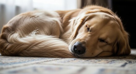 Sleeping Golden Retriever curled up. Cozy 8K pet portrait.