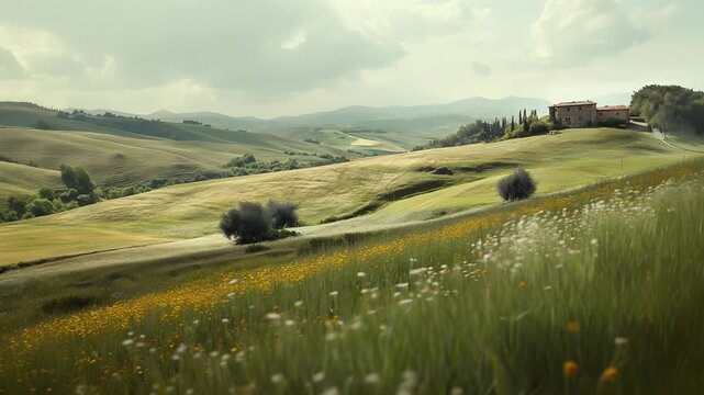 Scenic tuscany landscape with flowers and hills