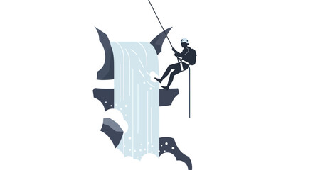 Silhouette of a Climber Rappelling Down a Rock Face with a Waterfall.