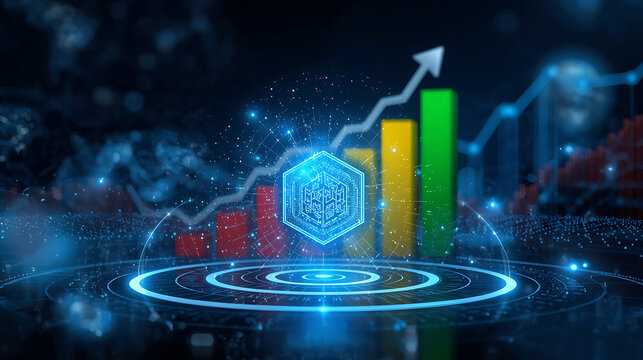 Digital Economy Growth with Blockchain Technology and Financial Statistics Visualization Showing Positive Market Trends