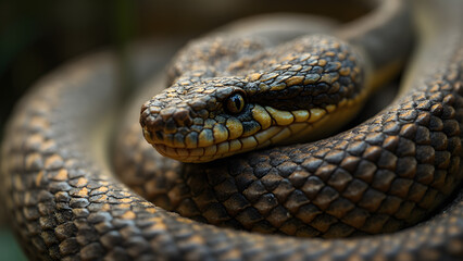 Obraz premium Nature's symmetry in a coiled snake. Ultra realistic snake patterns and textures. Explore the beauty of reptile scales. Discover the mathematics of snake coils.