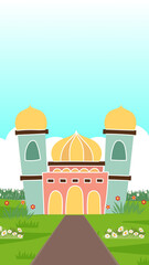 Cute cartoon illustration of a mosque in an open field, perfect for kids’ learning materials, posters, or Islamic-themed designs.