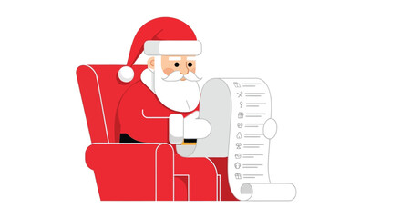 Santa claus sitting in a red chair reviewing his long naughty or nice gift list