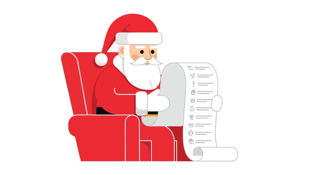 Santa claus sitting in a red chair reviewing his long naughty or nice gift list
