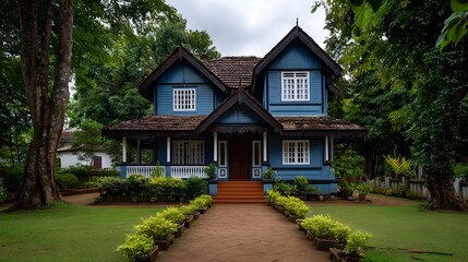 A vibrant blue heritage house with a path through a lush green garden under an overcast sky