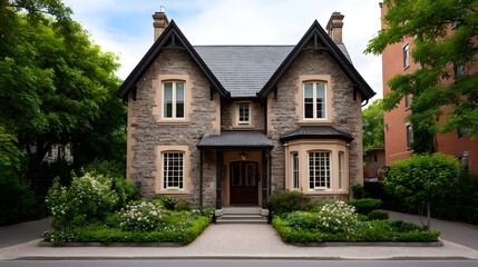 A charming stone heritage house with beautiful gardens and a steep roof seen from the street