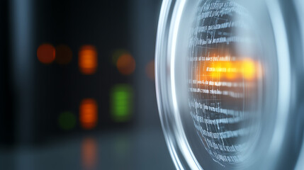 Close-up view of a futuristic lens reflecting digital data, representing advanced technology and innovation in the digital era.