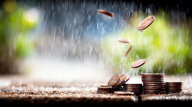Coins cascading in rain, symbolizing financial challenges and resilience. A striking image capturing money amidst nature's elements.