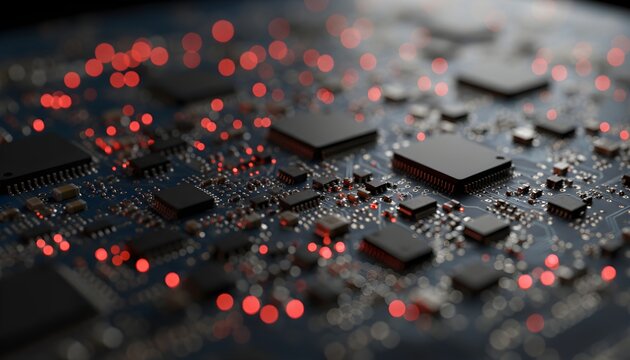 A detailed close-up of a dark blue circuit board with various black microchips and glowing red data points, representing advanced technology and digital processes