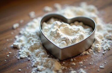 Heart shaped cookie cutter with flour on wooden kitchen table. Baking ingredients for preparing homemade dough pastry cake. Cooking with love for romantic holiday like Valentines Day. Making sweet