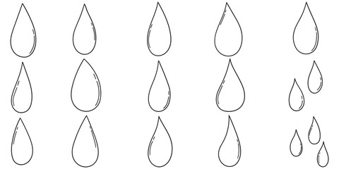 Hand-drawn doodle set of drops of water on a white background.