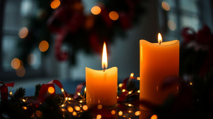 Two lit candles with bokeh lights and festive decorations