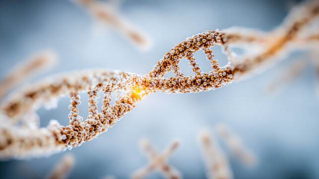 Detailed close-up of DNA strands showcasing vibrant colors and intricate structures, representing the essence of genetic science.