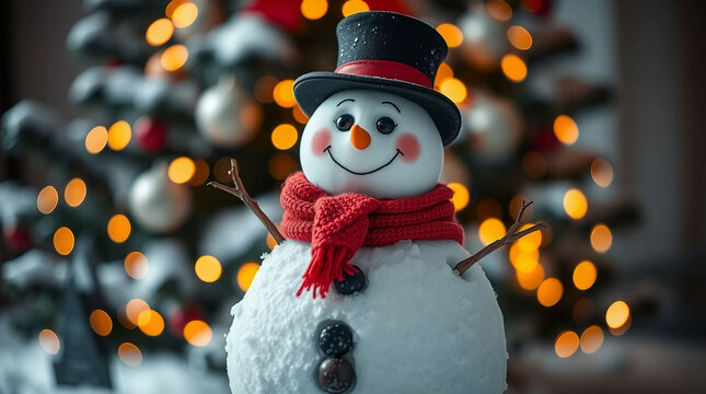 Cute snowman with red scarf and top hat in front of christmas tree lights