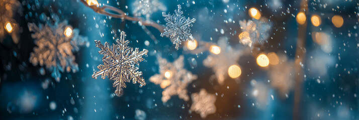 Defocused abstract figured bokeh background, flare from lights as snowflakes, blurred snowflake bokeh as winter holiday texture. Creative New Year aesthetic textured lighting pattern for festive
