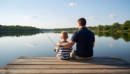 Father and son fishing together on a wooden dock by a calm lake, enjoying a peaceful moment under a clear sky