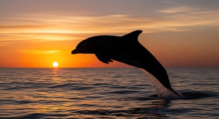 A dolphin leaping out of the water at sunset.