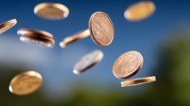 Floating coins captured in motion against a blurred background, symbolizing wealth, finance, and opportunity in a vibrant composition. - Powered by Adobe