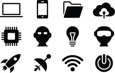 Technological advances and development of digital world vector icon set