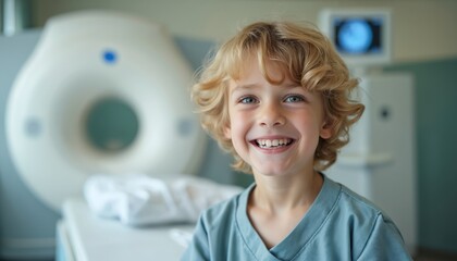 Fototapeta premium Young boy smiles brightly in hospital room, CT scanner visible behind. He wears blue medical scrubs, looking happy and calm for scan. Child awaits diagnosis in clinic.