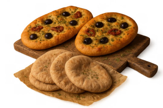 Focaccia bread with olives and sun-dried tomatoes, fresh pita pockets, and a rustic wooden cutting board, transparent background - Powered by Adobe