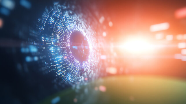 Futuristic digital eye with glowing data streams representing advanced technology and innovation.