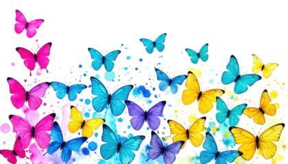 Colorful butterflies in flight against a black background with vibrant watercolor splashes