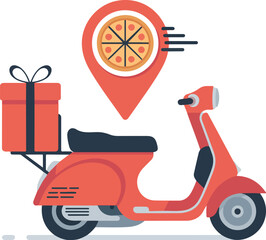 Food delivery scooter vector illustration with smartphone and pizza location pin, modern courier service concept