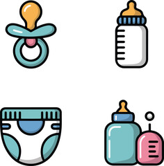 Cute baby care icons set with pacifier, milk bottle, and diaper, colorful newborn essentials vector illustration
