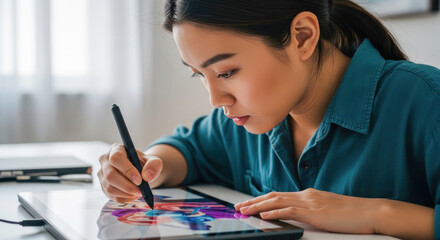 A woman drawing on a tablet with a stylus.
