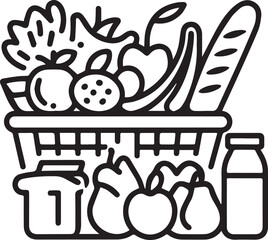 Grocery basket line illustration with fruits, vegetables, bread, and milk, healthy food shopping concept