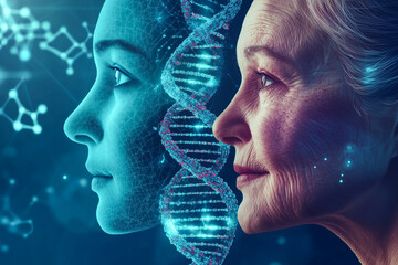 Gradual transformation of a young face into an old face, overlaid with a glowing DNA helix. Concept of aging, genetics, and healthcare.