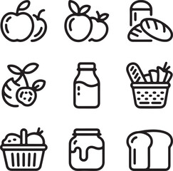 Outline food icons set with fruits, bread, milk bottle, grocery basket and jam jar