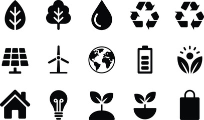 Black and white environmental sustainability icons related to ecological conservation