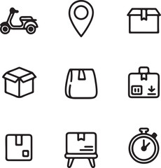 Minimal outline icons set with scooter, map pin, parcel boxes and stopwatch for delivery services