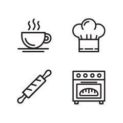 Minimal coffee, chef, and baking line icons set with cup, hat, oven, and rolling pin, cooking concept vector