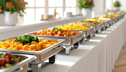 A long, elegant buffet table laden with an extensive array of hot chafing dishes, showcasing a delightful variety of freshly prepared food suitable for any large catered event