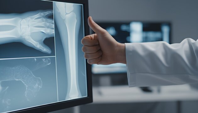 Doctor's hand giving a thumbs-up next to a medical monitor displaying various bone X-rays, symbolizing good news or successful treatment